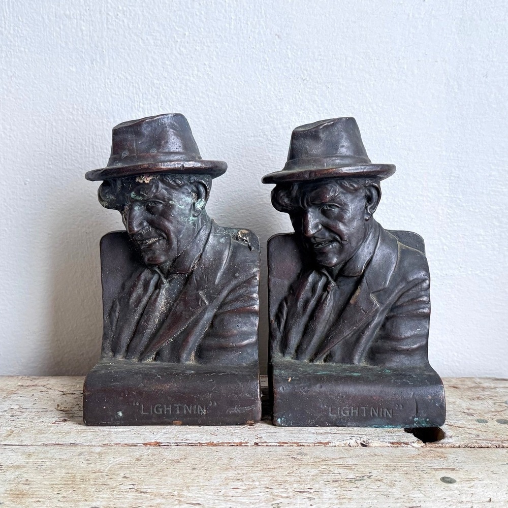 Vintage 1920s Lightnin' Bill Jones Cast Metal Bookends Bronze Finish Pair CSGC